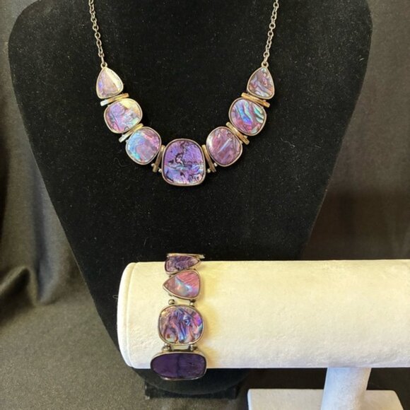 Purple Abalone Shell Necklace & Stretch Bracelet Set - Picture 1 of 10